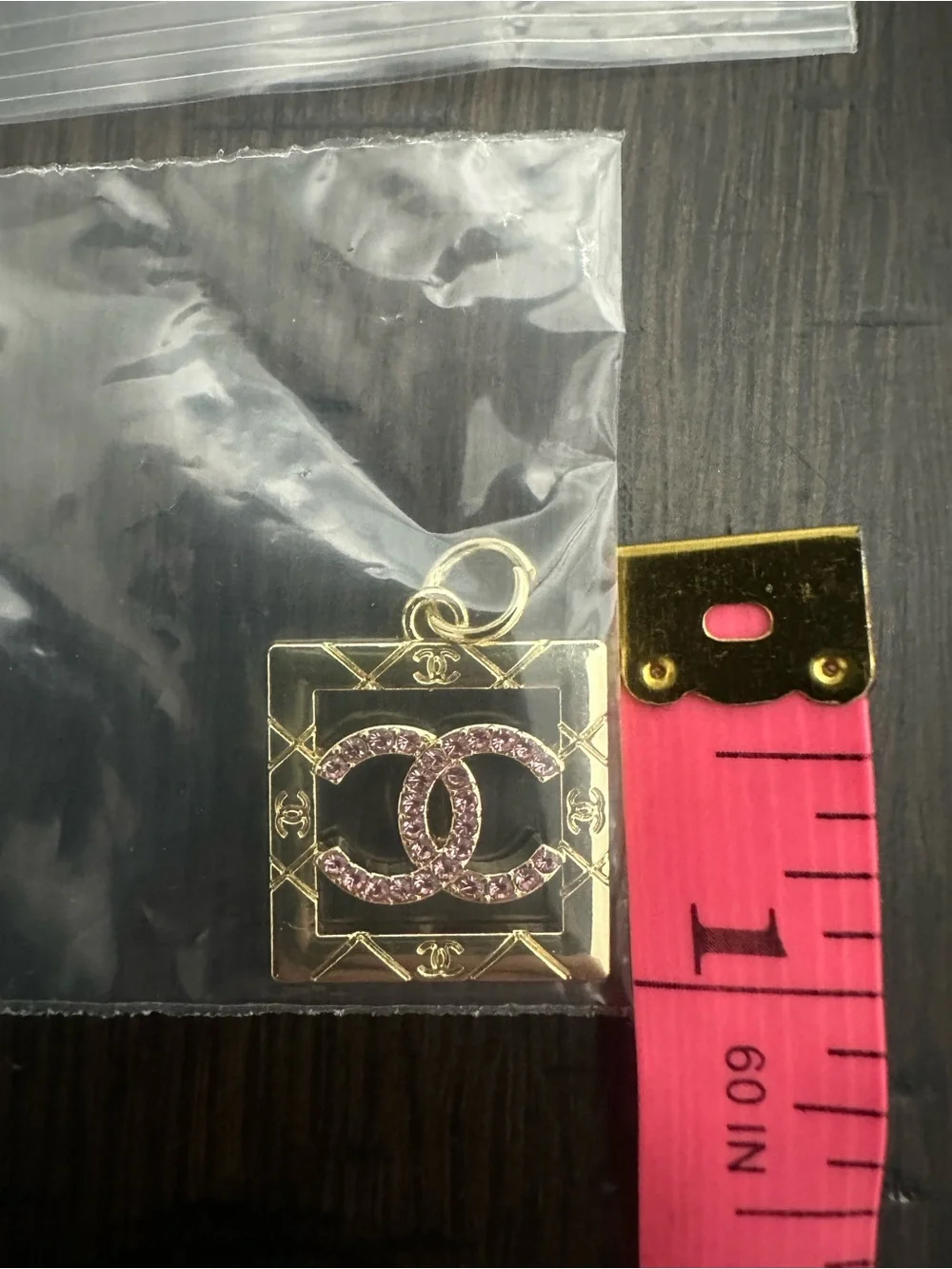 CC Chanel Gold Square Pendant with Pink Crystal CC Logo